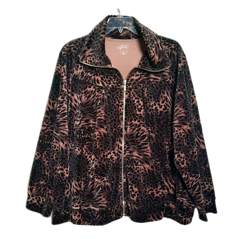 Style & Co  Sport Plus Size 3X Velour Full Zip Jacket Animal Leopard Print XLNT